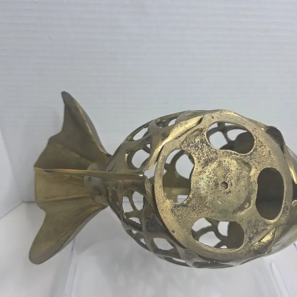 Vintage 1960's Mid-Century Brass Koi Fish Lantern Candle Holder Home Decor